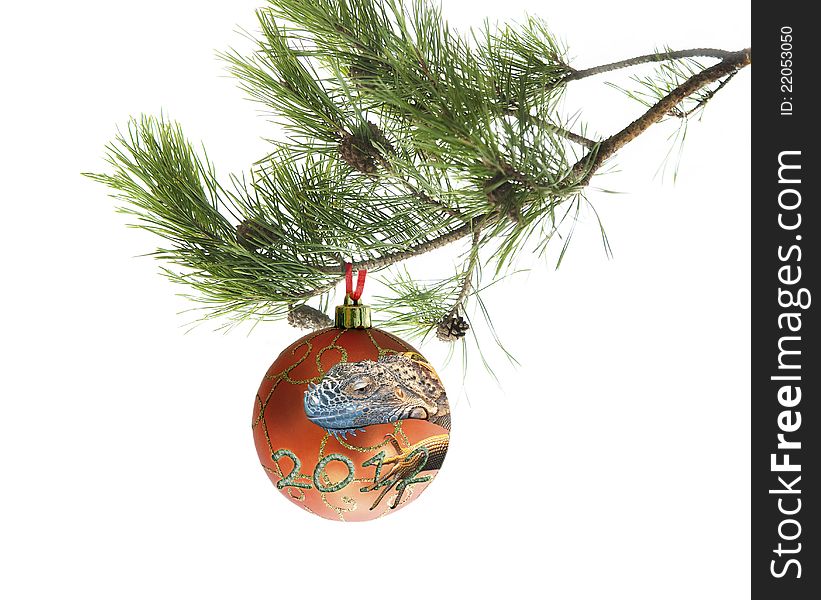 Symbol of new year a dragon in a fur-tree ball on a pine branch. Christmas. Symbol of new year a dragon in a fur-tree ball on a pine branch. Christmas