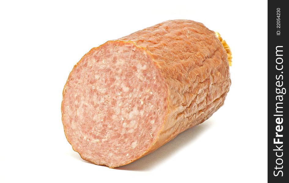 One piece of salami on white background