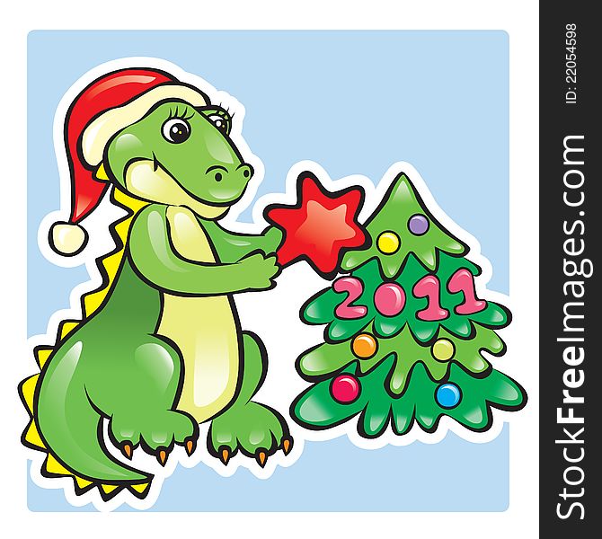 Dragon in Santa hat with Christmas tree. Dragon in Santa hat with Christmas tree