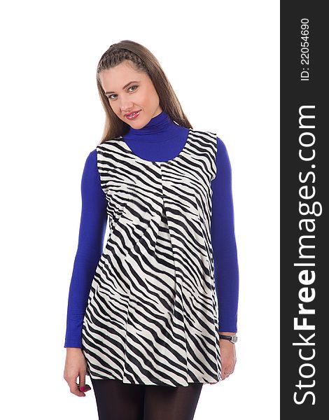 Beautiful pregnant young woman wearing dress with zebra pattern. Beautiful pregnant young woman wearing dress with zebra pattern