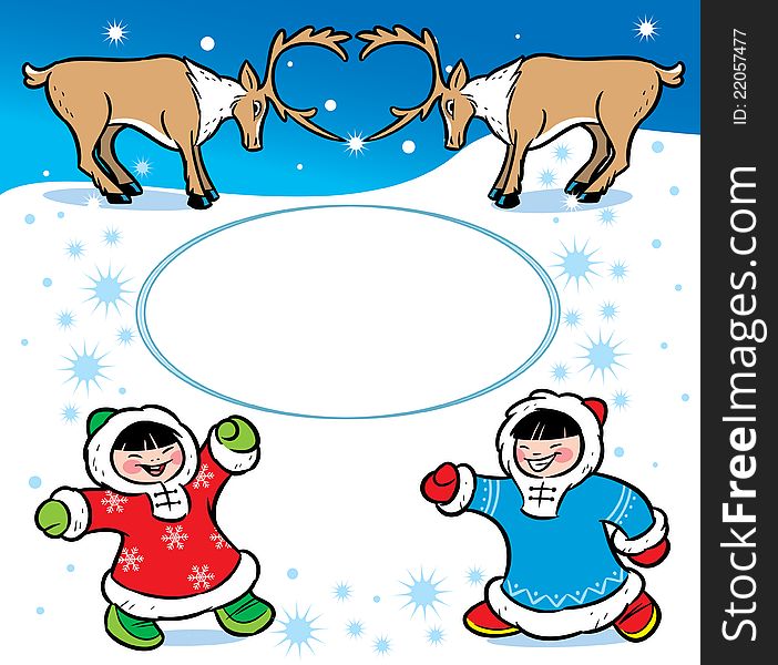 The picture shows children dressed in ethnic attire.They are having fun on the white snow.Near them are reindeer.Illustration done in cartoon style, on separate layers. The picture shows children dressed in ethnic attire.They are having fun on the white snow.Near them are reindeer.Illustration done in cartoon style, on separate layers.