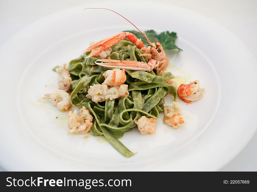 Tagliatelle with shrimps,herbs and olive oil. Tagliatelle with shrimps,herbs and olive oil