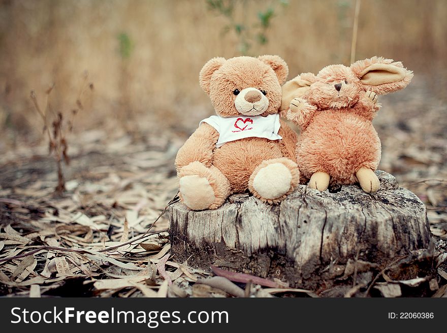 Teddy bear and a rabbit sitting on a stump in the woods. Teddy bear and a rabbit sitting on a stump in the woods