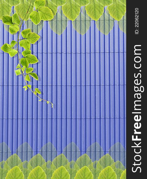 Green leafs texture on blue roof-tile background. Green leafs texture on blue roof-tile background.