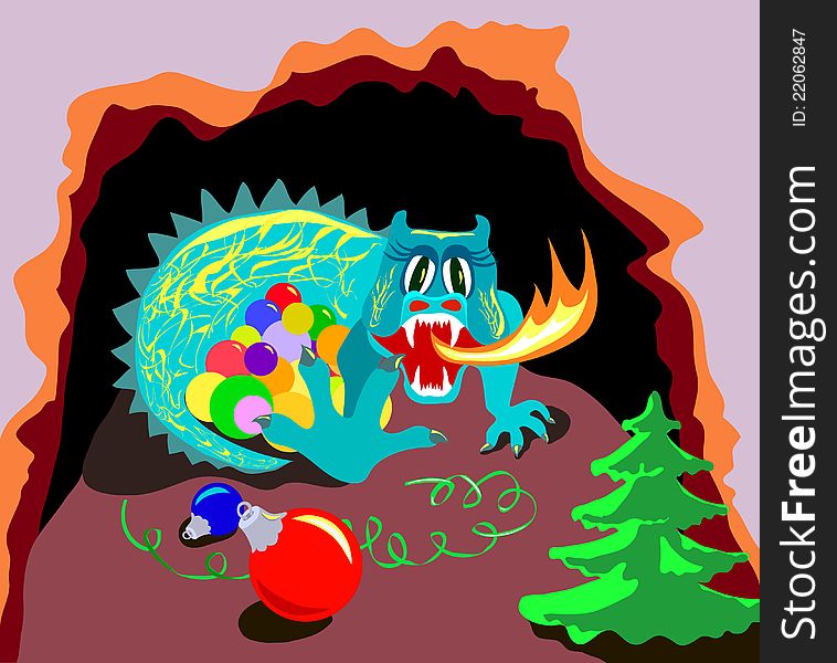 Dragon with fire guards xmas balls in cave. Dragon with fire guards xmas balls in cave