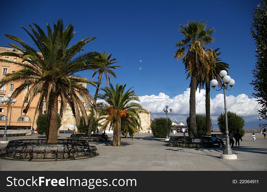 Square with palms and benches. in Calgliari, Sardinia, italian island