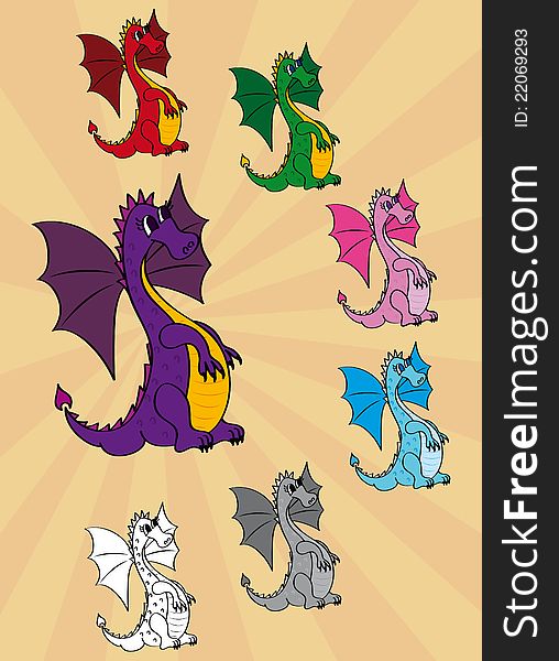 Set Of Cute Cartoon Dragons