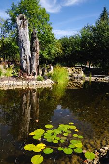 Rock Garden With A Pond In The Park Staging Royalty Free Stock Image