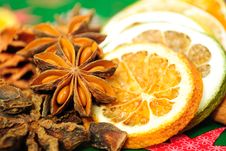Cinnamon Sticks, Anise Stars And Dried Oranges Stock Photography