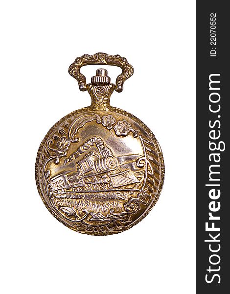 Vintage pocket watch with a train relief design