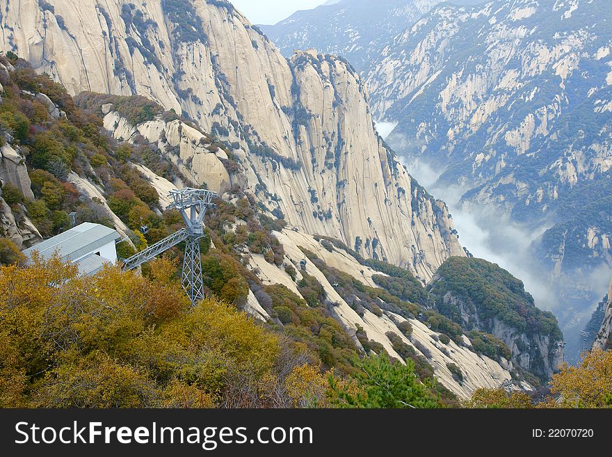 The cable car in Mount Hua(Huashan). Huashan is one of the most perilous tourist attractions in china. Huashan is located in Huayin, Shaanxi, China. The cable car in Mount Hua(Huashan). Huashan is one of the most perilous tourist attractions in china. Huashan is located in Huayin, Shaanxi, China.