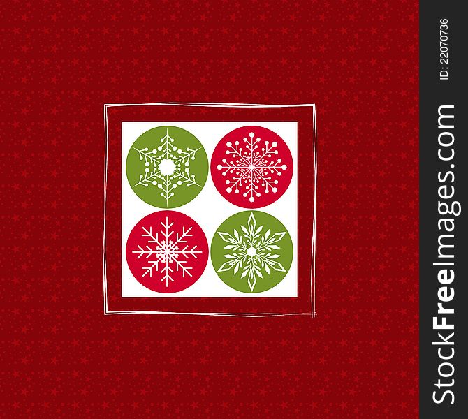 Christmas greeting card with snowflakes on red starry background