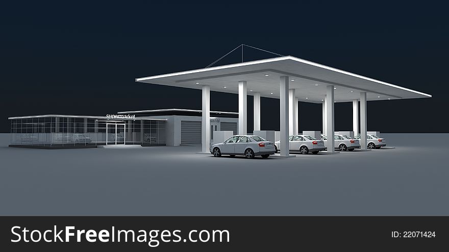 Night gas station in 3d