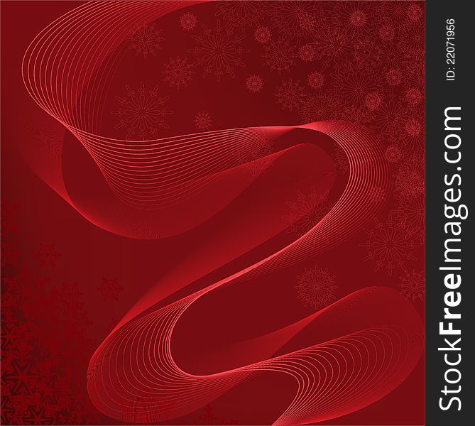 Abstract red background with snowflakes and the two waves. Abstract red background with snowflakes and the two waves