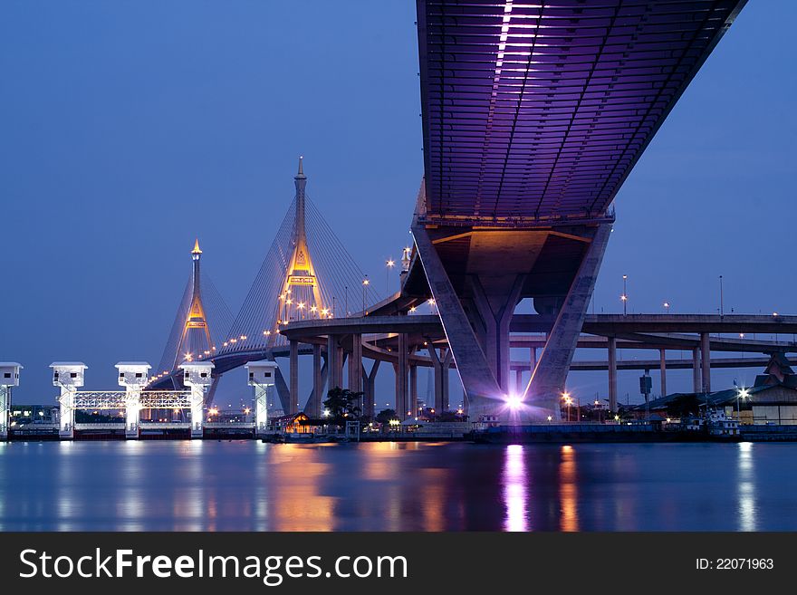 Bhumibol Bridge in Bangkok Thailand At night.