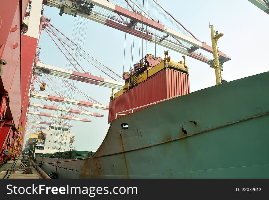 Loading and unloading containers at shipping harborï¼Œwhich taken in china