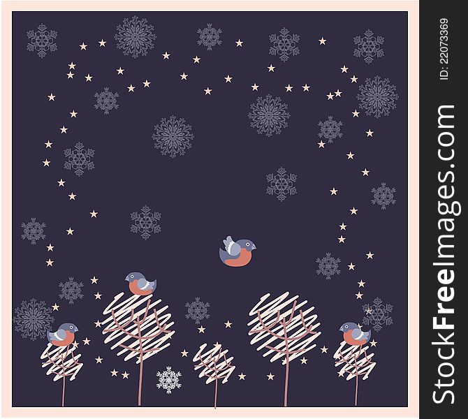 Winter background with bullfinches and stars and snowflakes. Winter background with bullfinches and stars and snowflakes