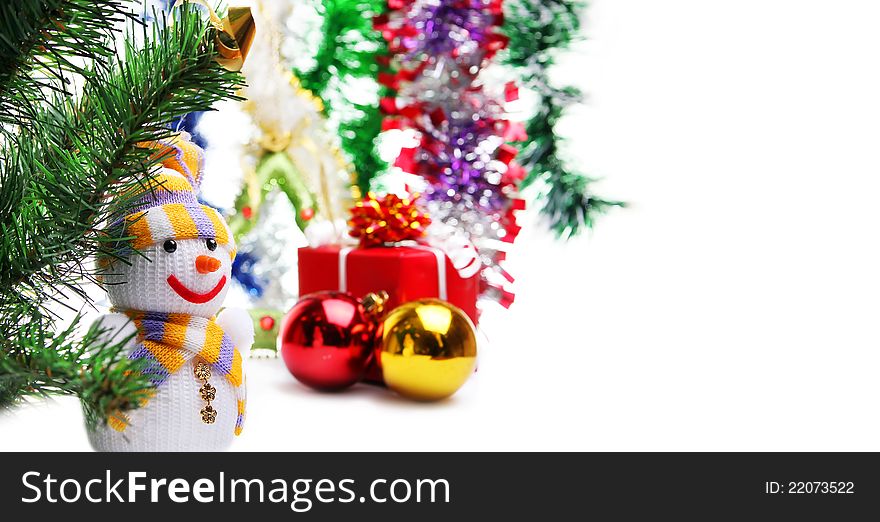 Colorful background with Christmas ornaments and snowman. Colorful background with Christmas ornaments and snowman