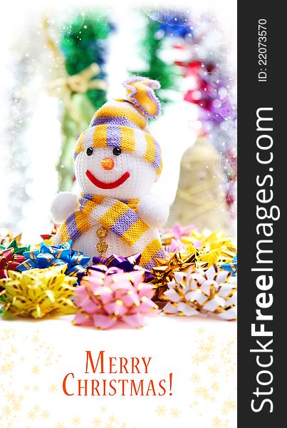 Colorful Christmas card with snowman and decorations. Colorful Christmas card with snowman and decorations