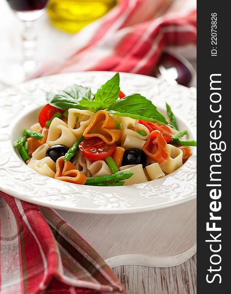 Heart-shaped pasta with vegetables