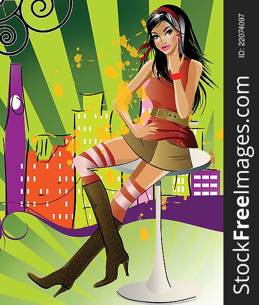 Illustration of a pretty girl on a creative background. Illustration of a pretty girl on a creative background