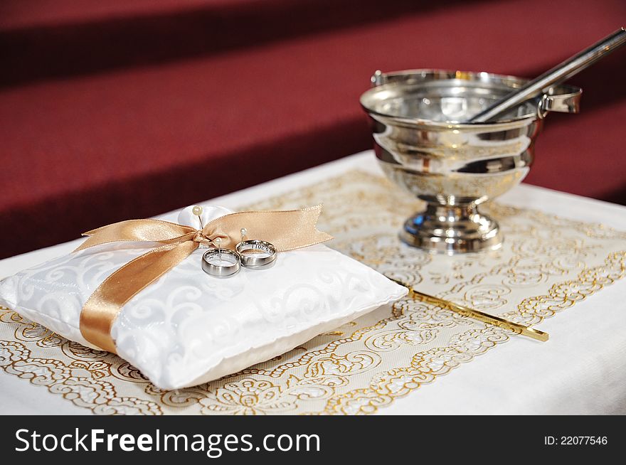 Wedding rings with holy water, ready for the ceremony