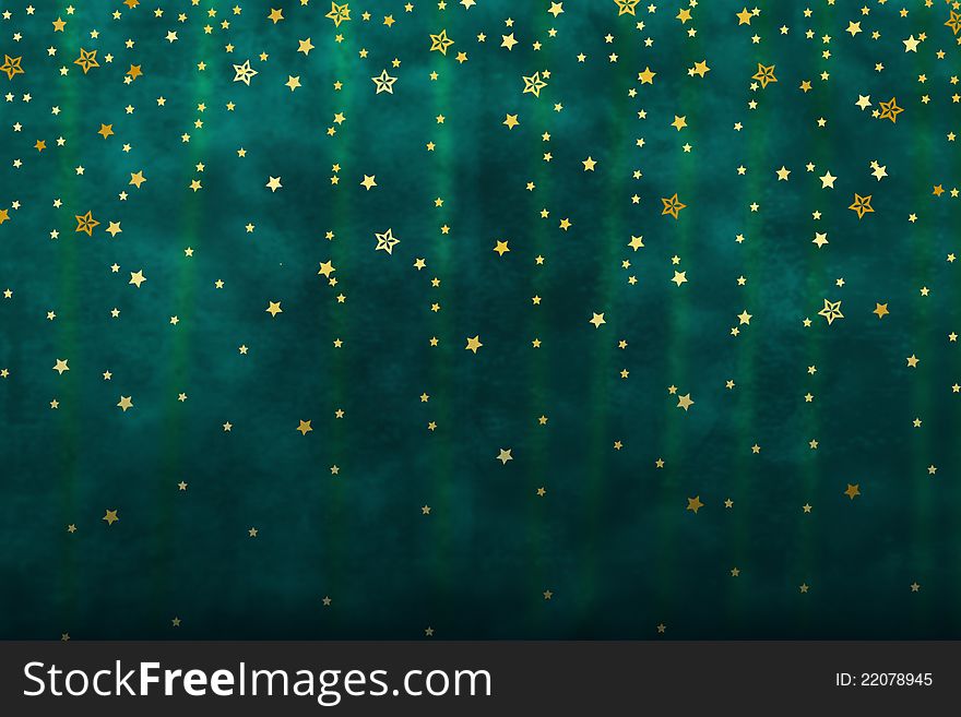Shimmering golden stars in front of a dark, blue-green background, as if they were slowly falling from the sky. Shimmering golden stars in front of a dark, blue-green background, as if they were slowly falling from the sky