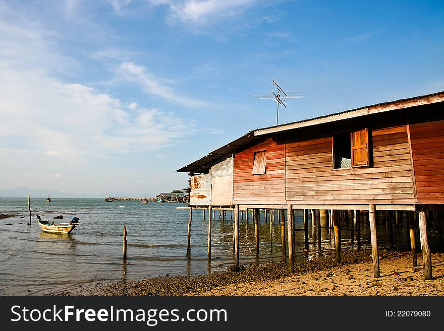 Fisher house at the beach with sunlight and the blue sky, Koh pituk in Chumpon Thailand. Fisher house at the beach with sunlight and the blue sky, Koh pituk in Chumpon Thailand