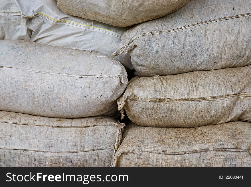 Close up of farming sacks in a barn