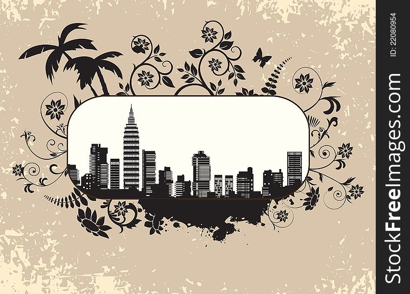The city's skyline in the background floral ornament