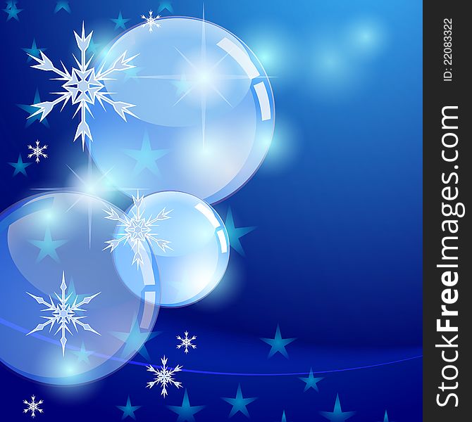 Blue transparent bubbles and snowflakes over dark blue background. Blue transparent bubbles and snowflakes over dark blue background