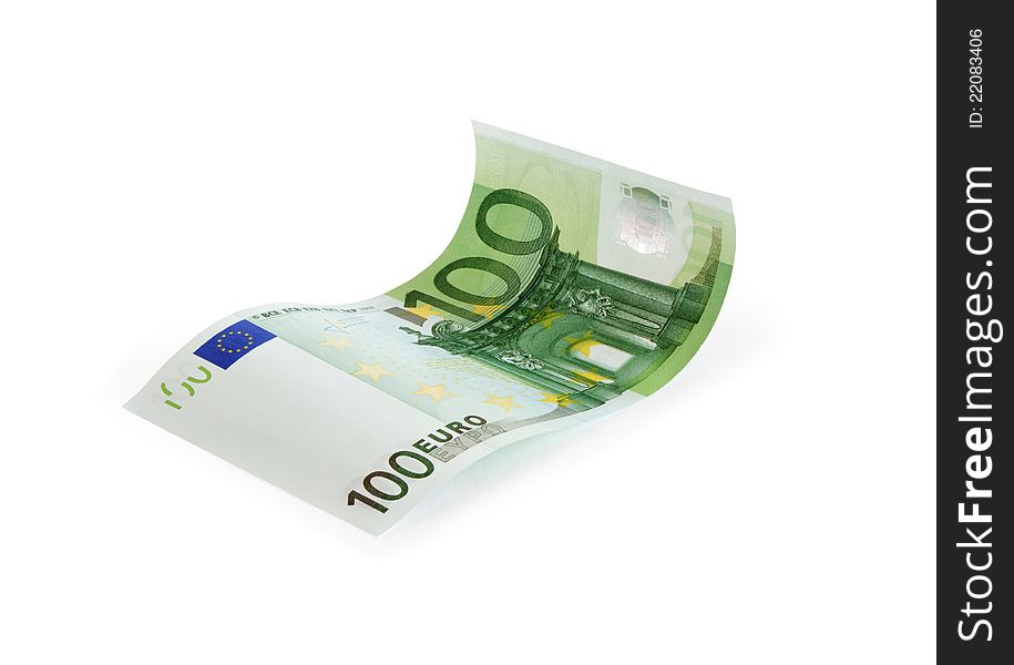 Waved one hundred euro note on white background. Isolated with clipping path