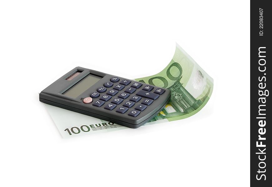 Waved one hundred euro note and calculator on white background. Isolated with clipping path. Waved one hundred euro note and calculator on white background. Isolated with clipping path