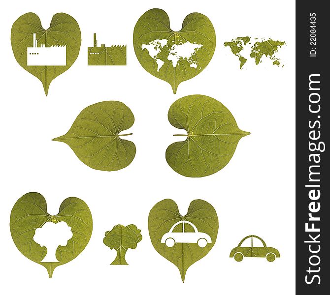 Green leaf, car, industry, world map isolated