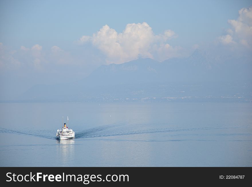 A ferry boat crossing the Lac LÃ©man near Geneva in Switzerland