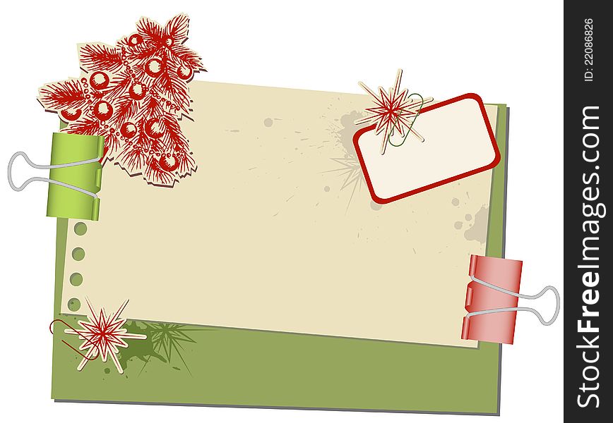 Christmas background with old spotted paper and paperclips