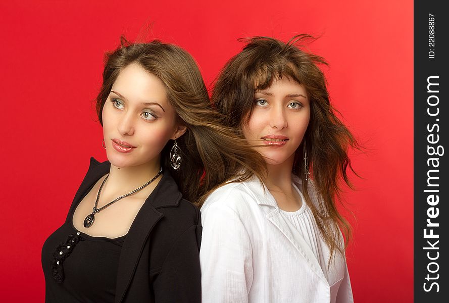 Young pretty sisters twins portrait in studio on red background