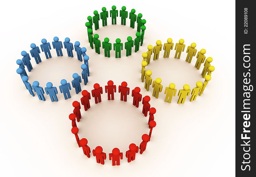 Different social circles in social networking concept, white background, green blue yellow and red circles