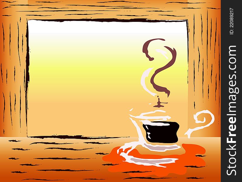 Illustration of coffee cup with black coffee with a yellow and orange background.