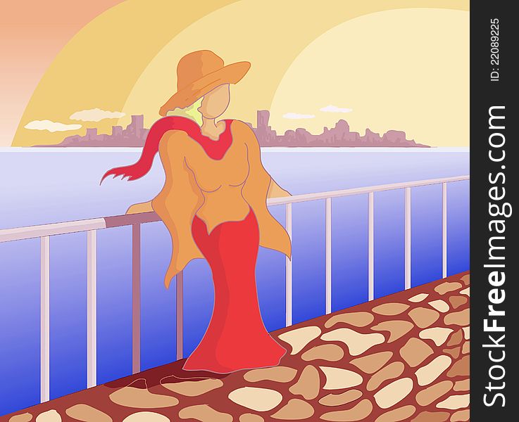 Illustration of a sexy woman with no face leaning on the fence. Rear buildings and sea at  the background. Illustration of a sexy woman with no face leaning on the fence. Rear buildings and sea at  the background.