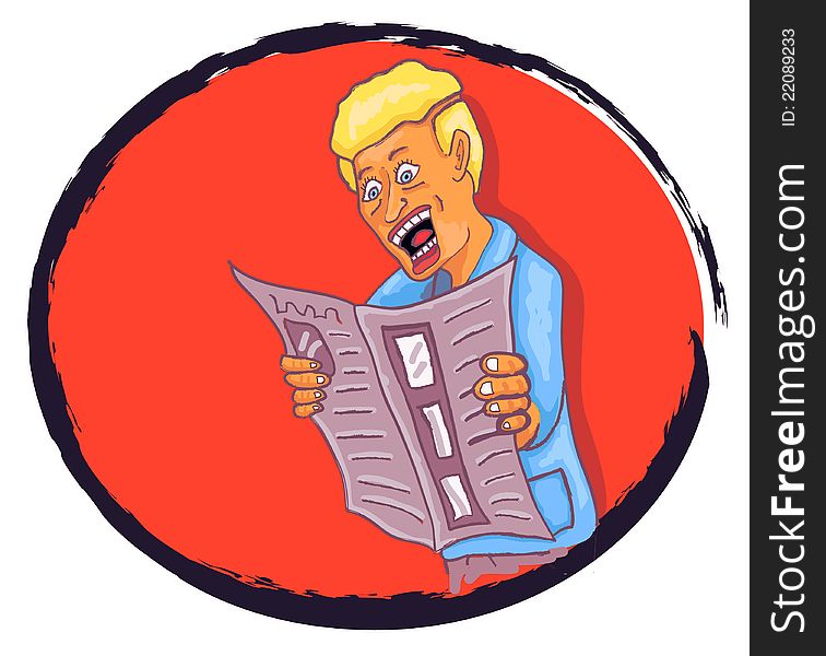 Illustration of a cartoon man reading a newspaper with a background of oval shape filled with orange color. Illustration of a cartoon man reading a newspaper with a background of oval shape filled with orange color.