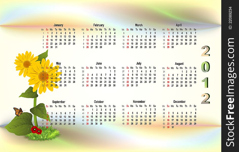 2012 monthly colorful calendar with sunflowers on soft background. 2012 monthly colorful calendar with sunflowers on soft background