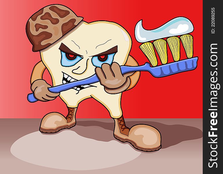 Illustration of cartoon character of a tooth marine holding a toothbrush with a toothpaste as his armor fighting tooth de. Illustration of cartoon character of a tooth marine holding a toothbrush with a toothpaste as his armor fighting tooth de.