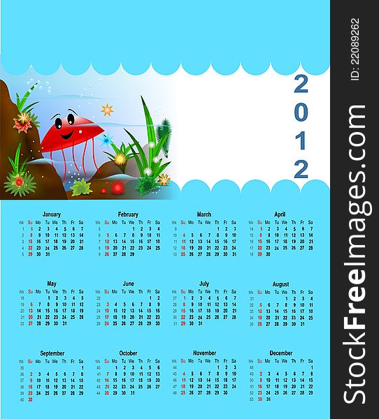 2012 illustrated calendar for children, with submarine image. 2012 illustrated calendar for children, with submarine image