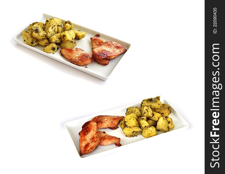 A dish of two pieces of grilled chicken with boiled potatoes topped with herbs and olive oil.
a middle eastern dish. A dish of two pieces of grilled chicken with boiled potatoes topped with herbs and olive oil.
a middle eastern dish
