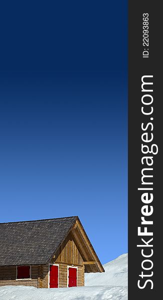 Mountain wood chalet with red windows and blue sky. Mountain wood chalet with red windows and blue sky