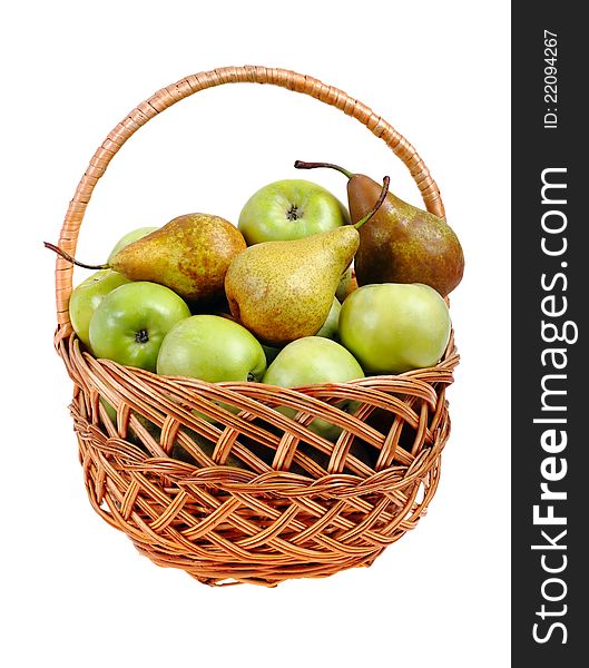 Basket with ripe apples and pears on a white background. Basket with ripe apples and pears on a white background