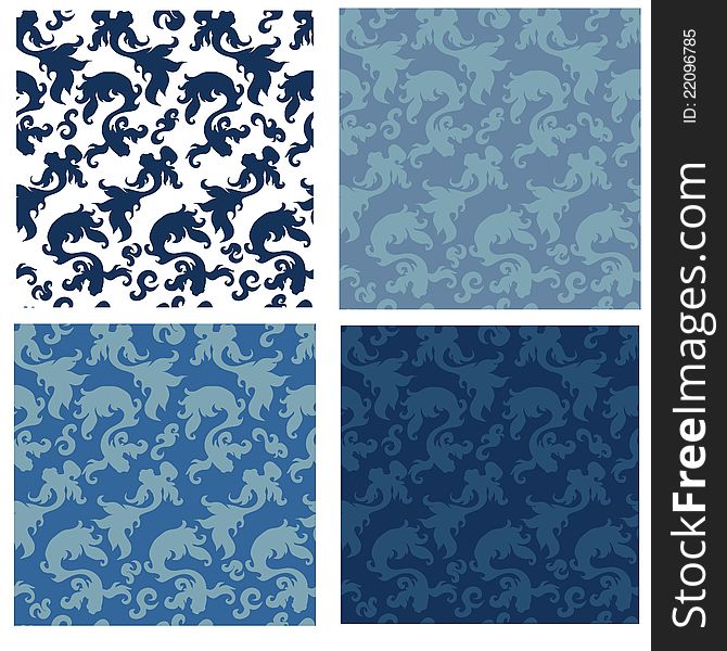 Collection of seamless patterns with stylized fishes in blue tones. Vector illustration