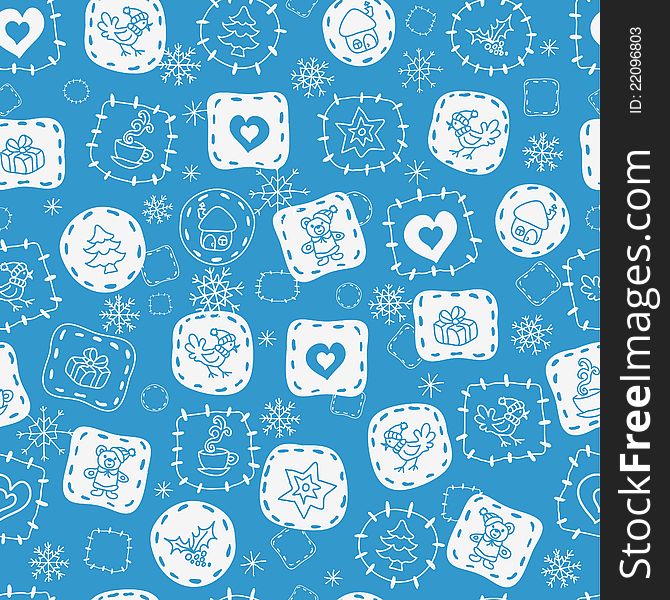 Seamless pattern with little winter pictures on blue background. Vector illustration. Seamless pattern with little winter pictures on blue background. Vector illustration