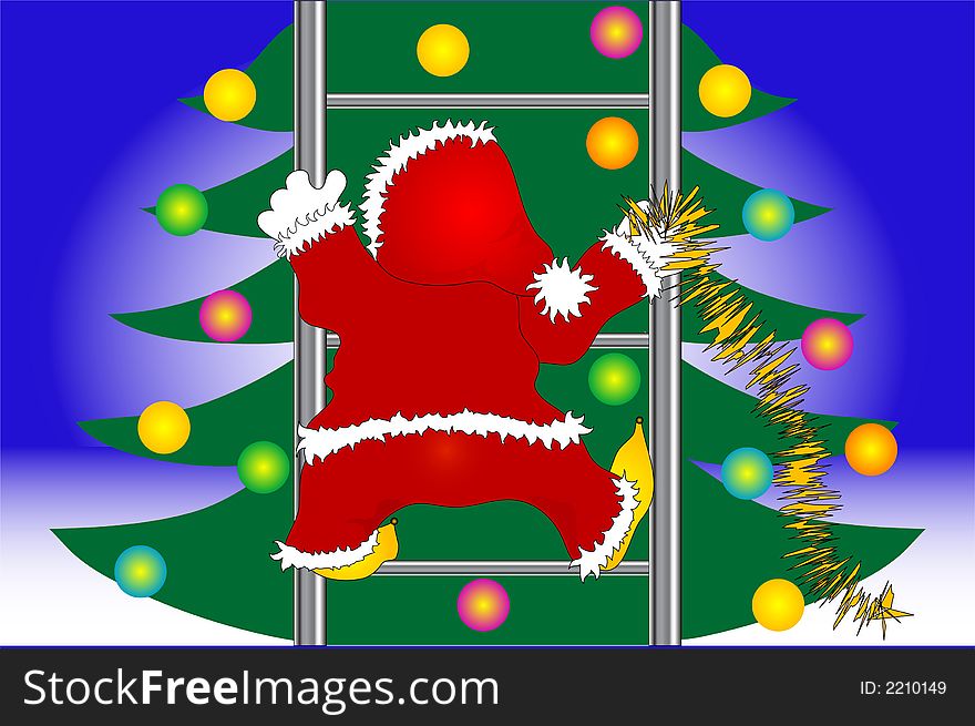 An elf climbing a ladder to decorate a Christmas tree. An elf climbing a ladder to decorate a Christmas tree.